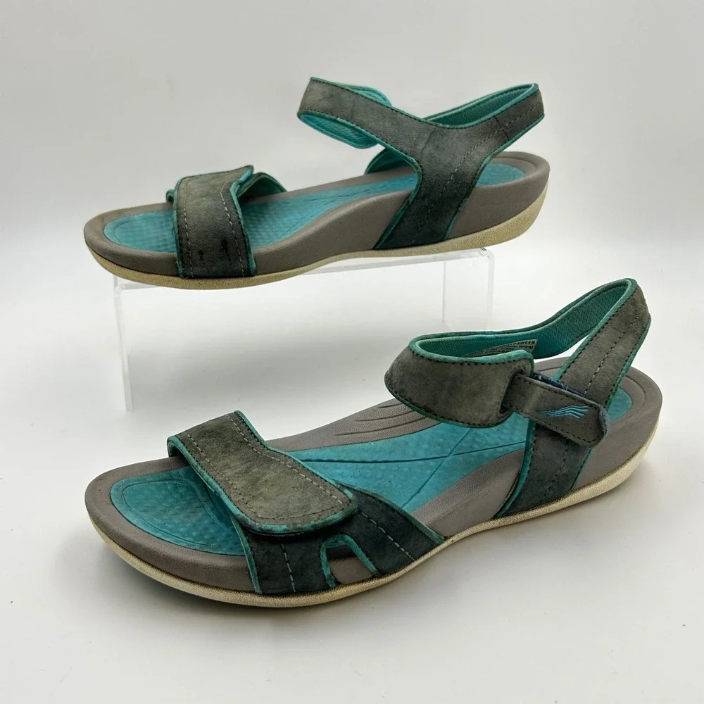 Dansko Sandals Women 40 Grey Teal Leather Adjustable Straps Gorpcore Hiking 4601 - Picture 2 of 8